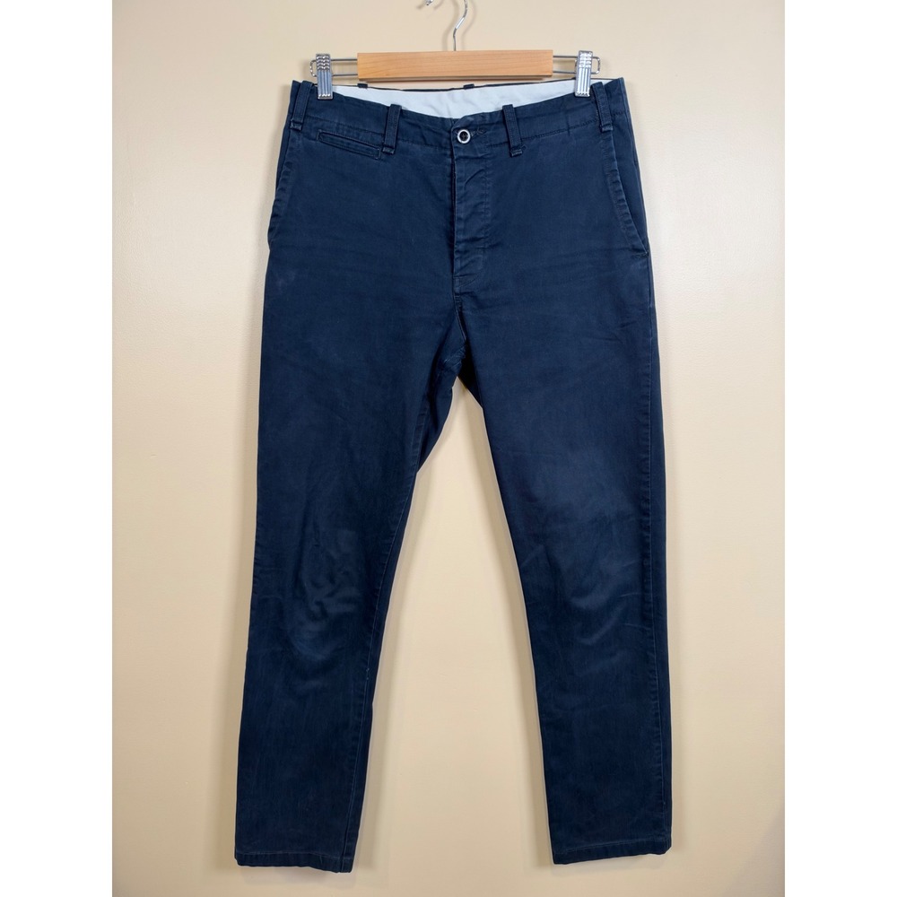 Buck Mason Officer Pant Men 30 Navy Blue Slim Fit Slub Twill Button Fly Chino